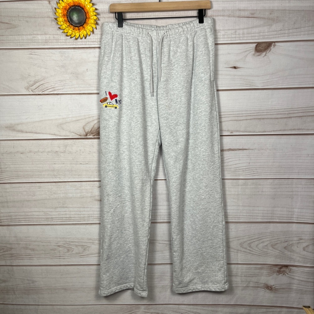 Starfit Womens Gray I Love NYC Embroidered Wide Leg Sweatpants Size L